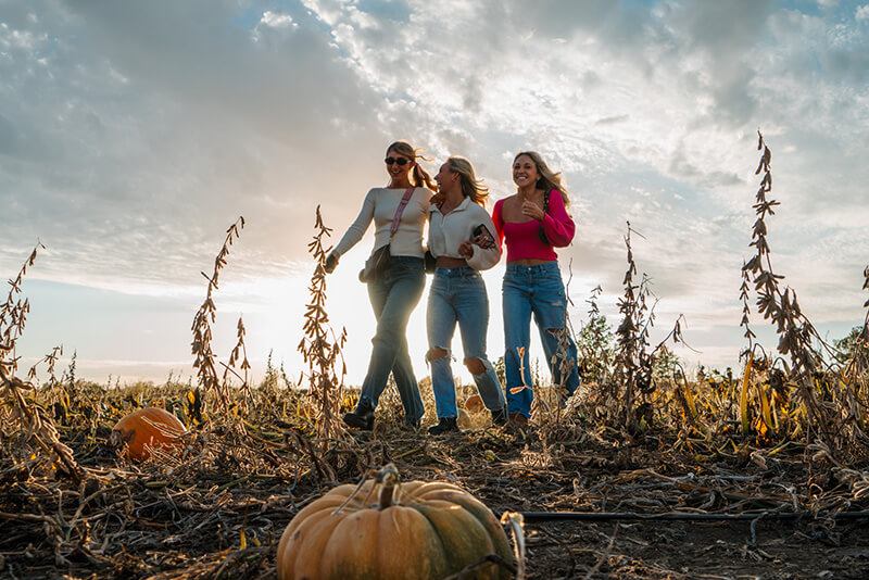 Three women walk in pumpkin patch with pumpkin in the foreground.