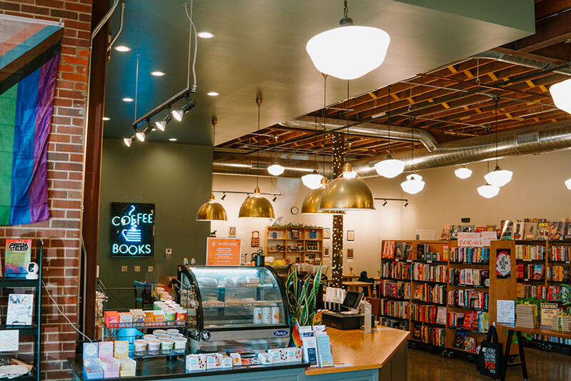 Interior of a Indigo Bridge bookstore and coffeeshop.